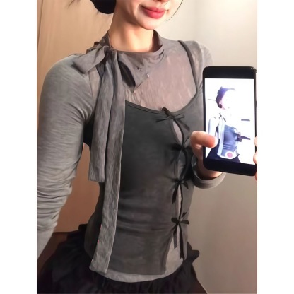 秋冬成套穿搭神器 | 韓系蝴蝶結綁帶 T 恤 | 修身顯瘦小眾短款兩件組