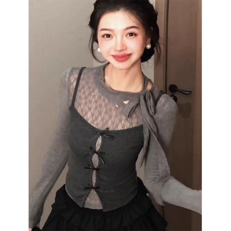 秋冬成套穿搭神器 | 韓系蝴蝶結綁帶 T 恤 | 修身顯瘦小眾短款兩件組