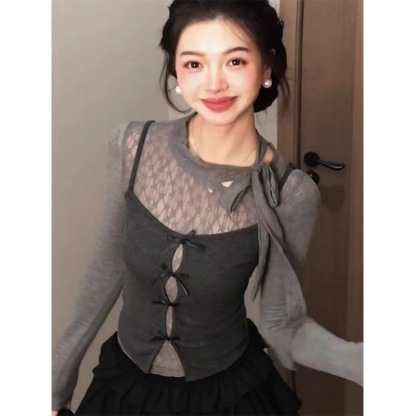 秋冬成套穿搭神器 | 韓系蝴蝶結綁帶 T 恤 | 修身顯瘦小眾短款兩件組