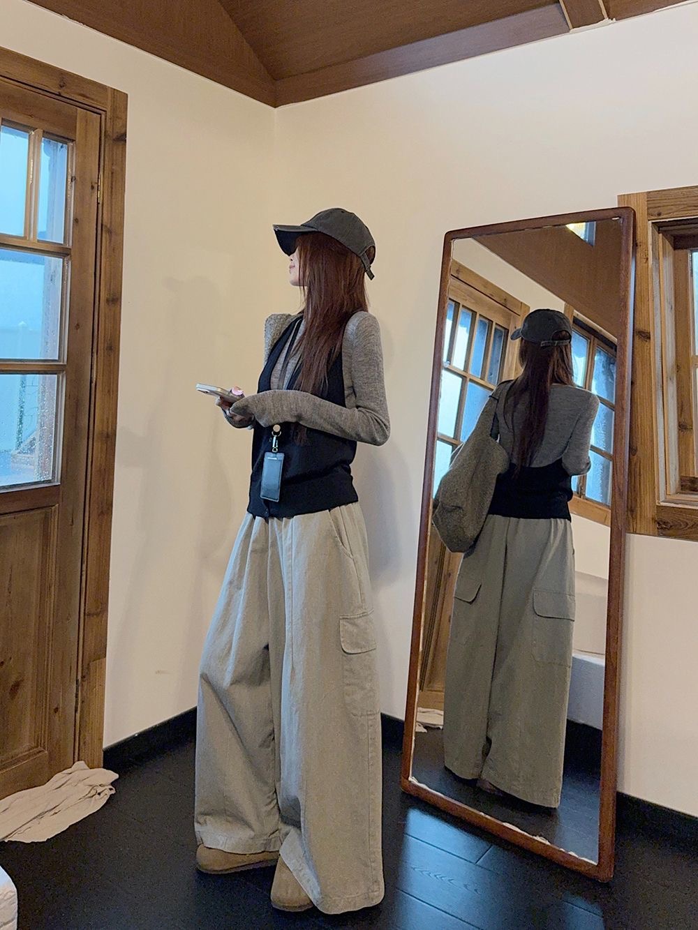 韓系掛脖針織開衫三件組 | 女秋冬馬甲疊穿 | 時尚休閒工裝褲套裝