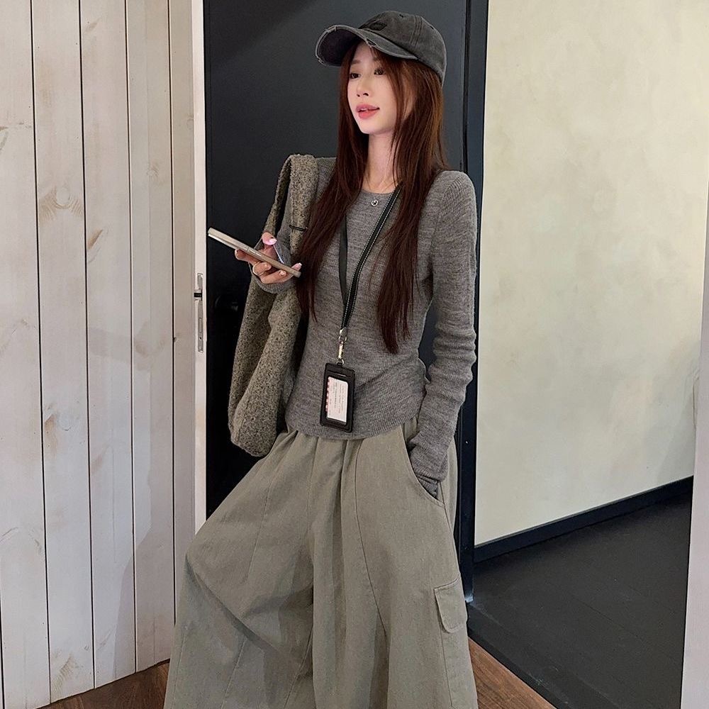 韓系掛脖針織開衫三件組 | 女秋冬馬甲疊穿 | 時尚休閒工裝褲套裝