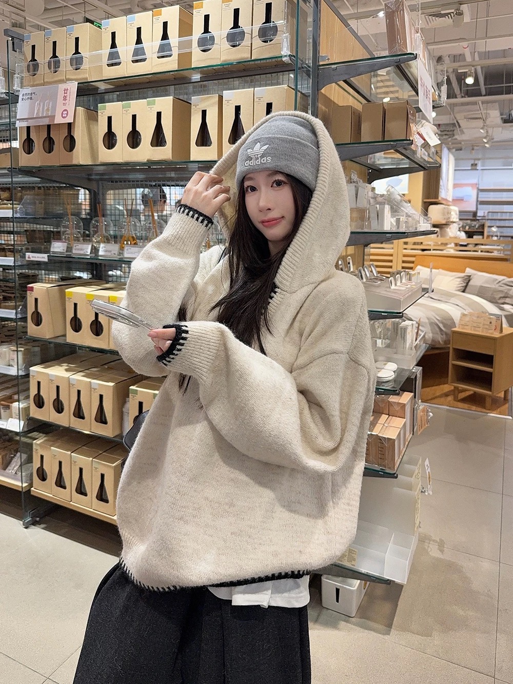 韓系杏色連帽長袖套頭毛線衣女 | 秋冬加厚寬鬆針織衫 | 小眾慵懶休閒上衣