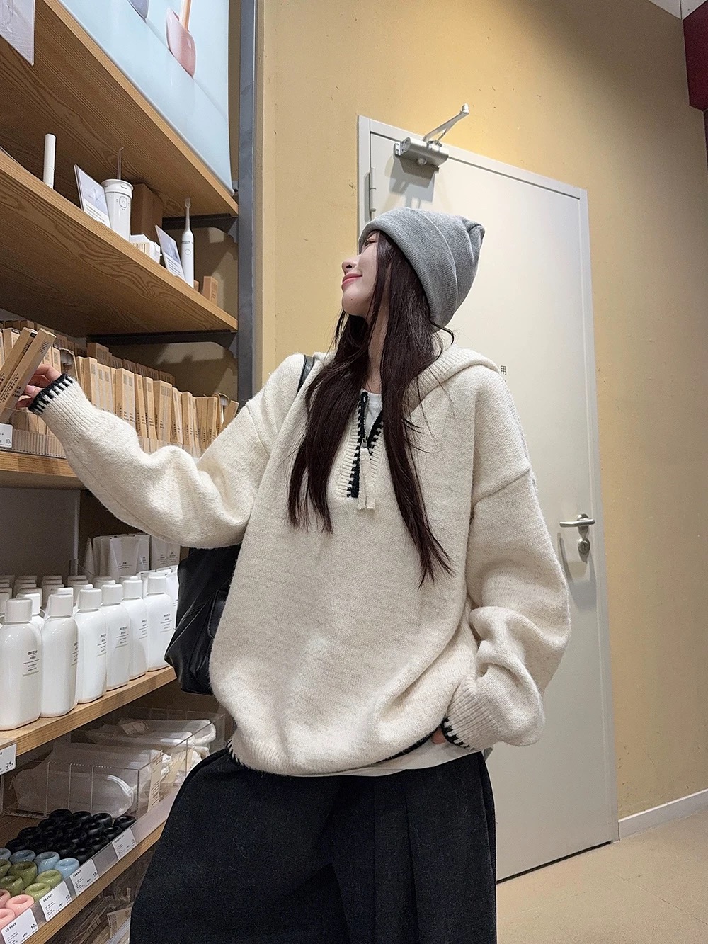 韓系杏色連帽長袖套頭毛線衣女 | 秋冬加厚寬鬆針織衫 | 小眾慵懶休閒上衣