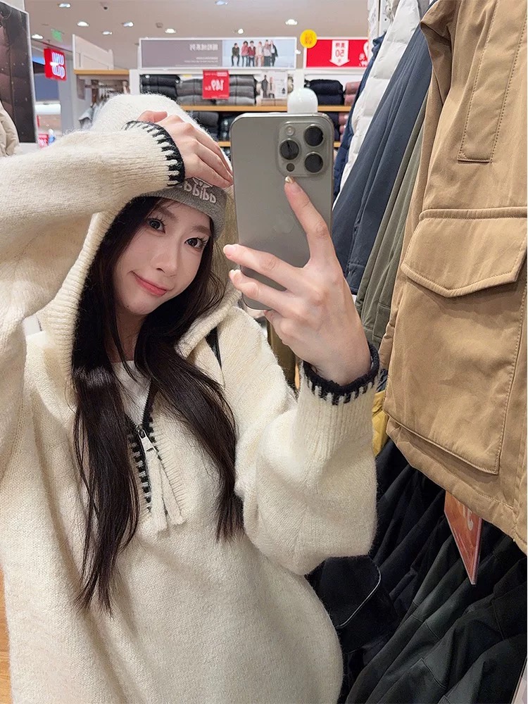 韓系杏色連帽長袖套頭毛線衣女 | 秋冬加厚寬鬆針織衫 | 小眾慵懶休閒上衣