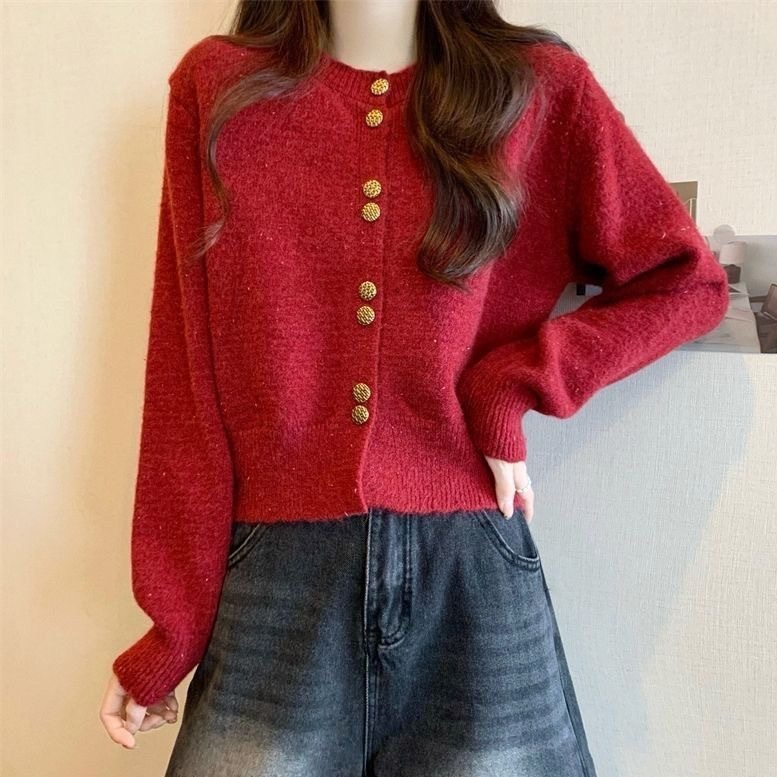 小香風圓領針織開衫女 | 春秋新款洋氣短款 | 秋冬長袖毛線衣外套