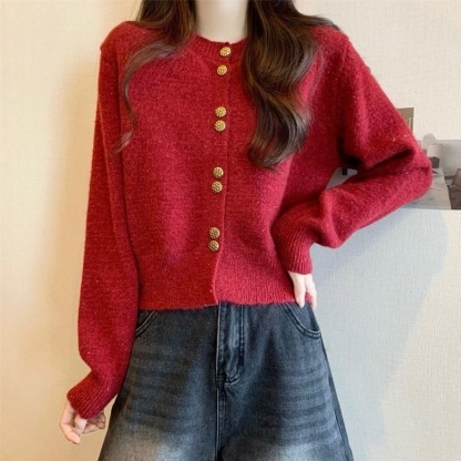 小香風圓領針織開衫女 | 春秋新款洋氣短款 | 秋冬長袖毛線衣外套