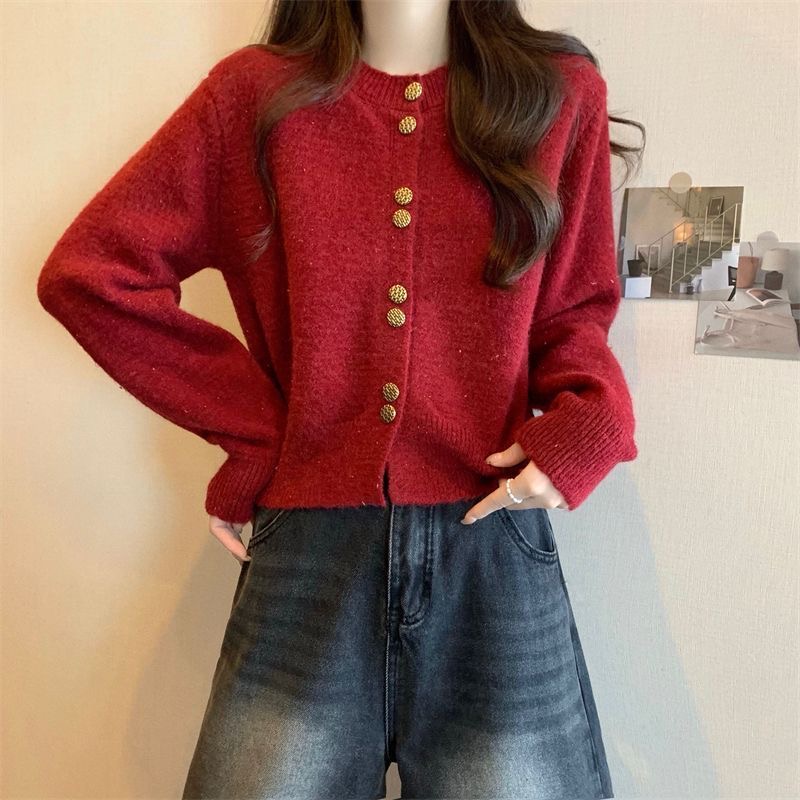 小香風圓領針織開衫女 | 春秋新款洋氣短款 | 秋冬長袖毛線衣外套