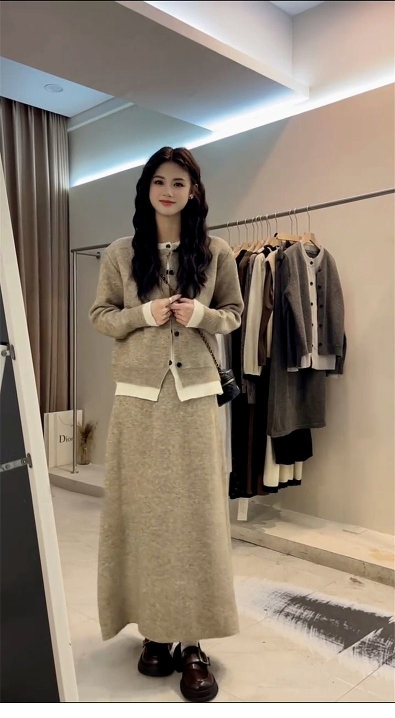 韓系高級感套裝｜入秋必收 | 假兩件針織拼接減齡半身裙兩件組