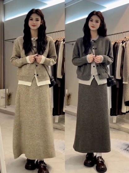 韓系高級感套裝｜入秋必收 | 假兩件針織拼接減齡半身裙兩件組