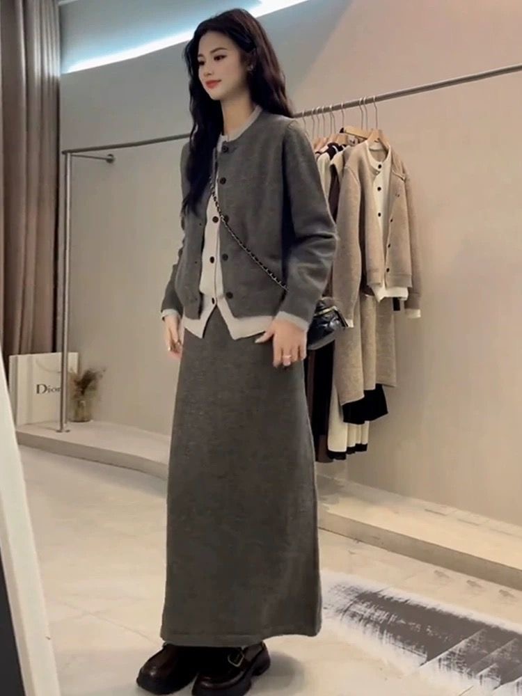 韓系高級感套裝｜入秋必收 | 假兩件針織拼接減齡半身裙兩件組