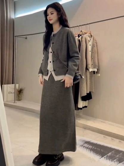 韓系高級感套裝｜入秋必收 | 假兩件針織拼接減齡半身裙兩件組