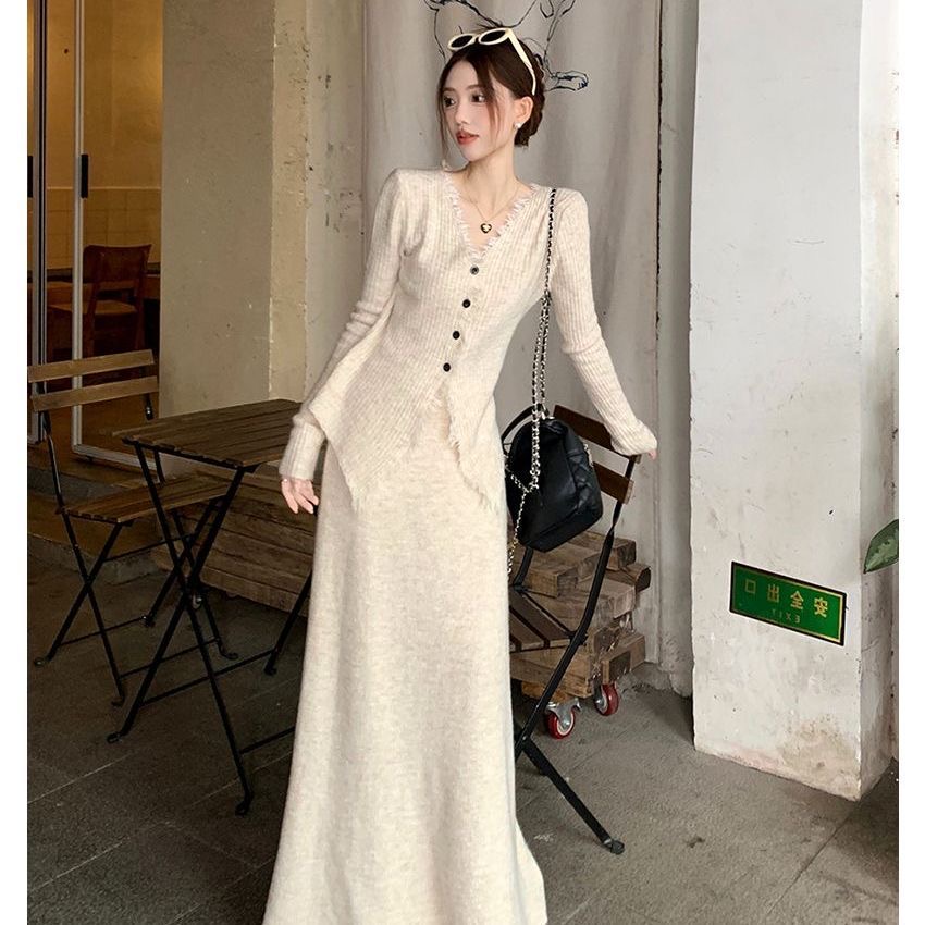早秋韓系針織套裝｜溫柔風法式半身裙 + 連衣裙 兩件組必收🍂