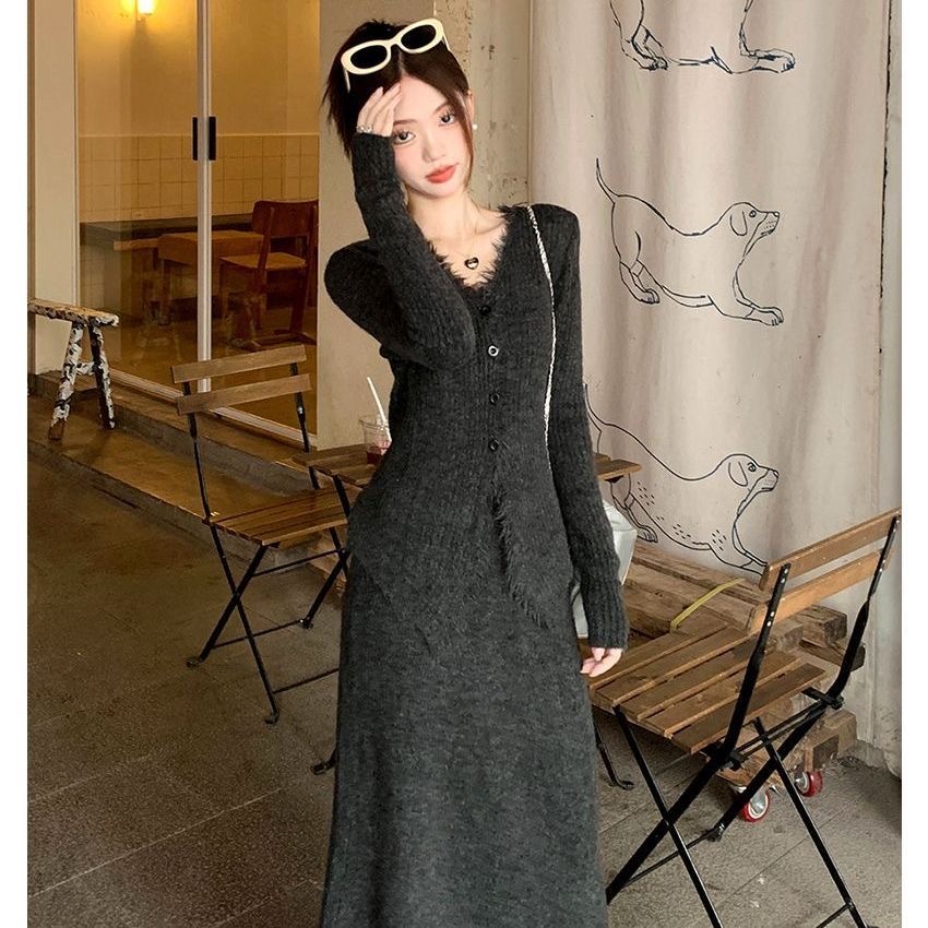 早秋韓系針織套裝｜溫柔風法式半身裙 + 連衣裙 兩件組必收🍂