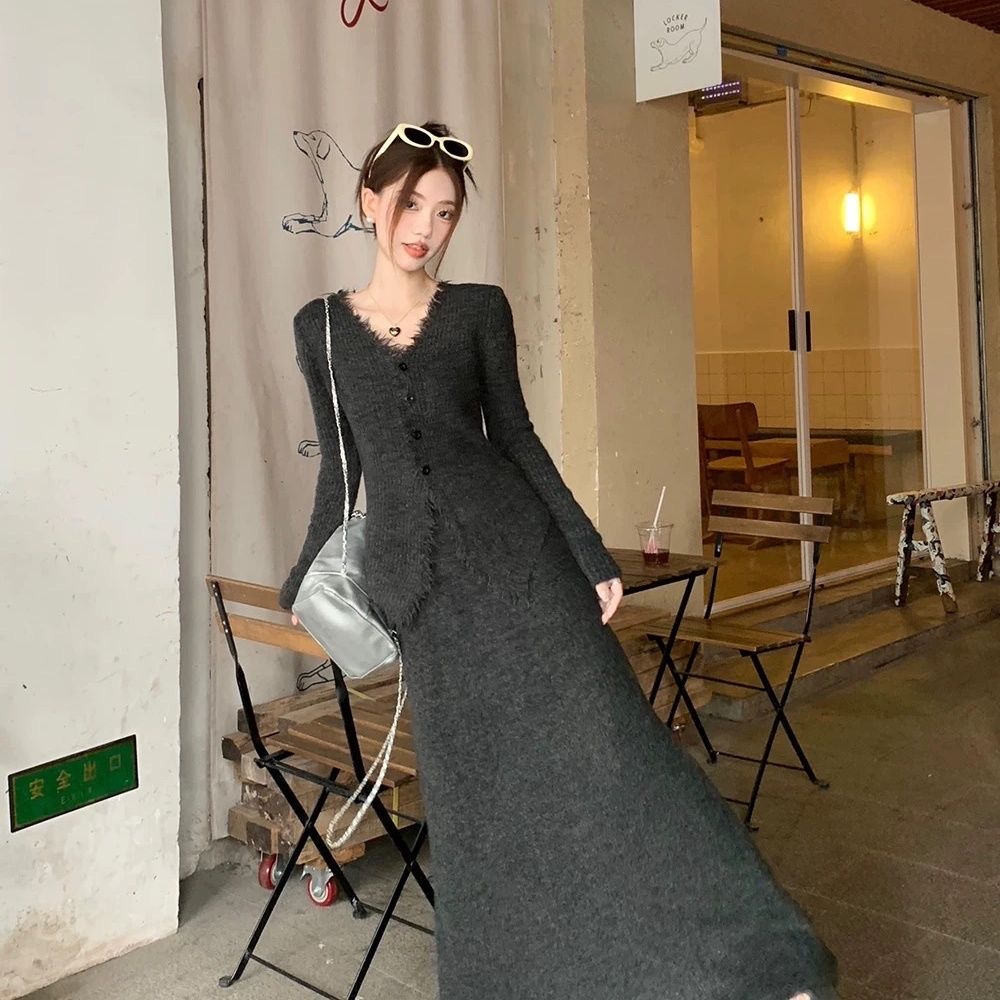 早秋韓系針織套裝｜溫柔風法式半身裙 + 連衣裙 兩件組必收🍂