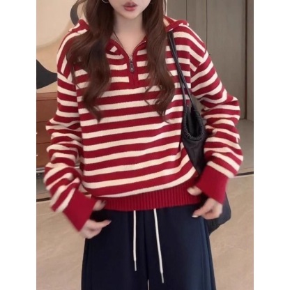 韓版撞色條紋連帽針織衫｜女款半拉鍊設計 早秋慵懶鬆弛感上衣 + 寬鬆闊腿褲