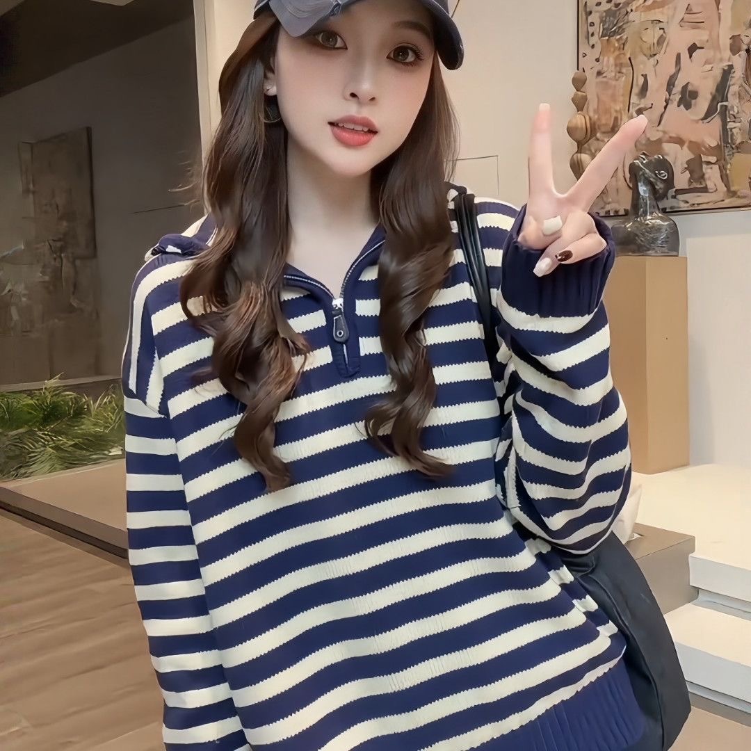 韓版撞色條紋連帽針織衫｜女款半拉鍊設計 早秋慵懶鬆弛感上衣 + 寬鬆闊腿褲