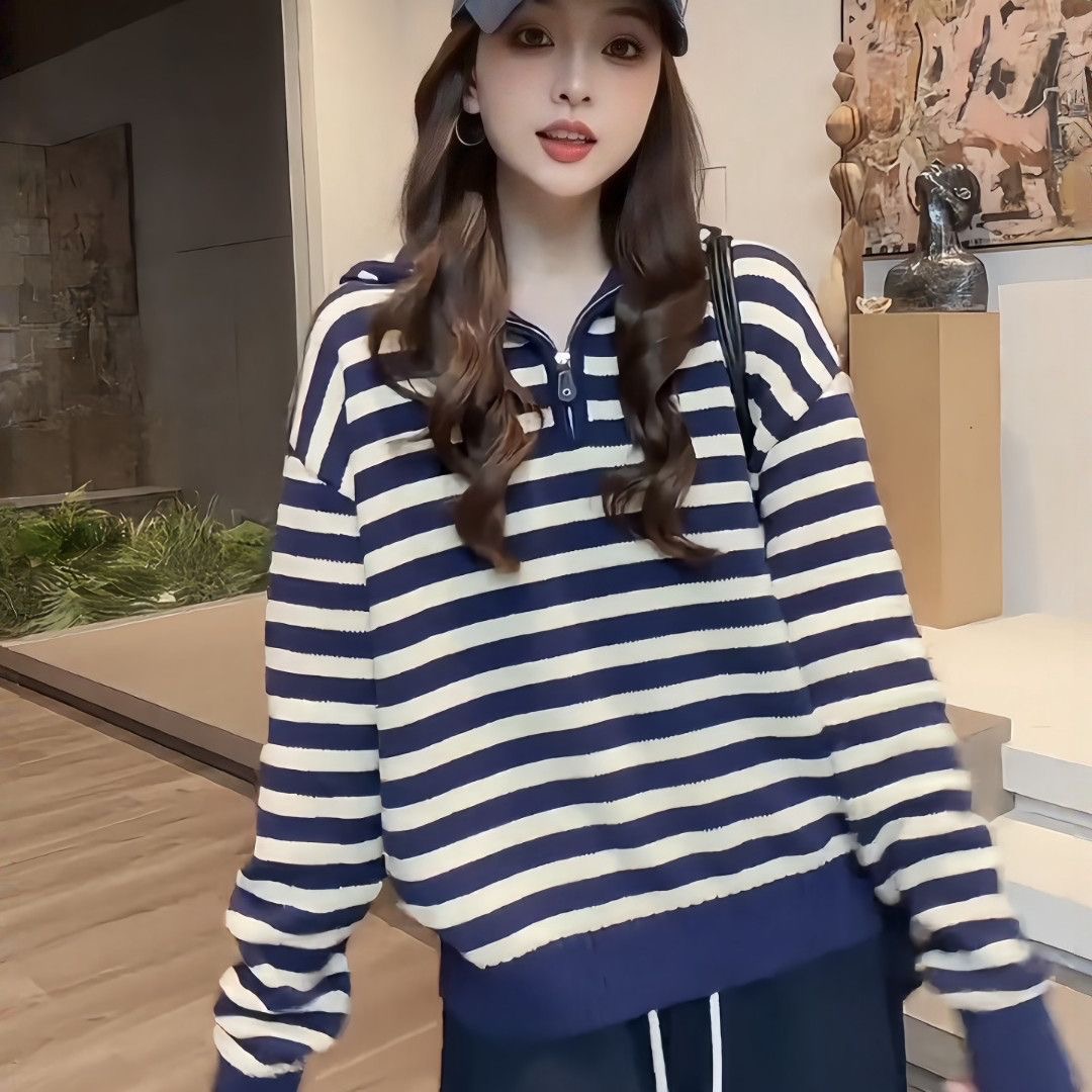 韓版撞色條紋連帽針織衫｜女款半拉鍊設計 早秋慵懶鬆弛感上衣 + 寬鬆闊腿褲