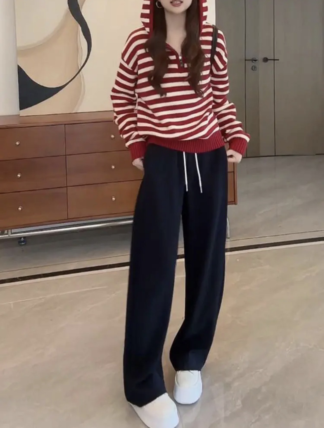 韓版撞色條紋連帽針織衫｜女款半拉鍊設計 早秋慵懶鬆弛感上衣 + 寬鬆闊腿褲