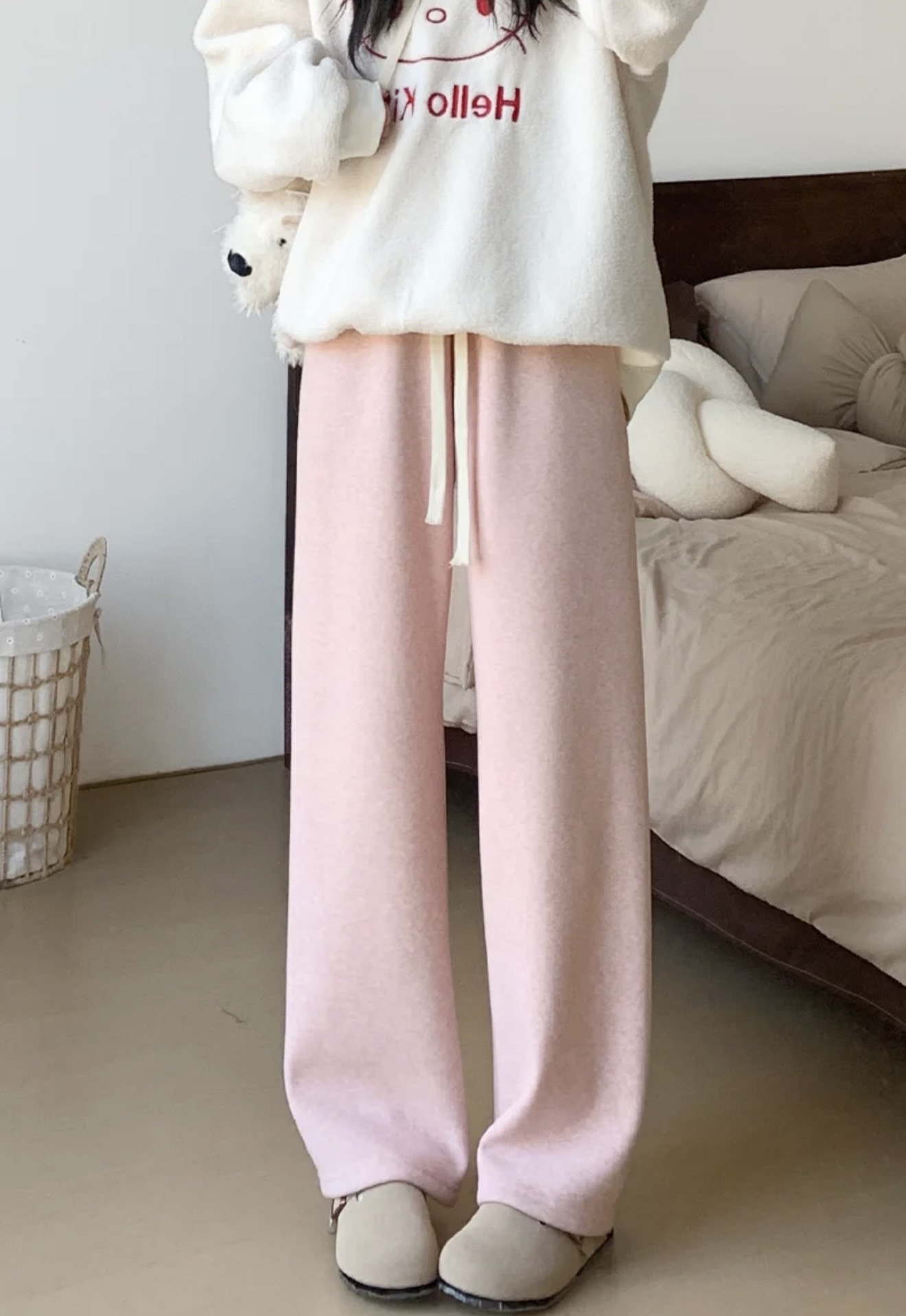 秋冬新款｜高腰垂墜感加厚加絨白色軟糯米褲