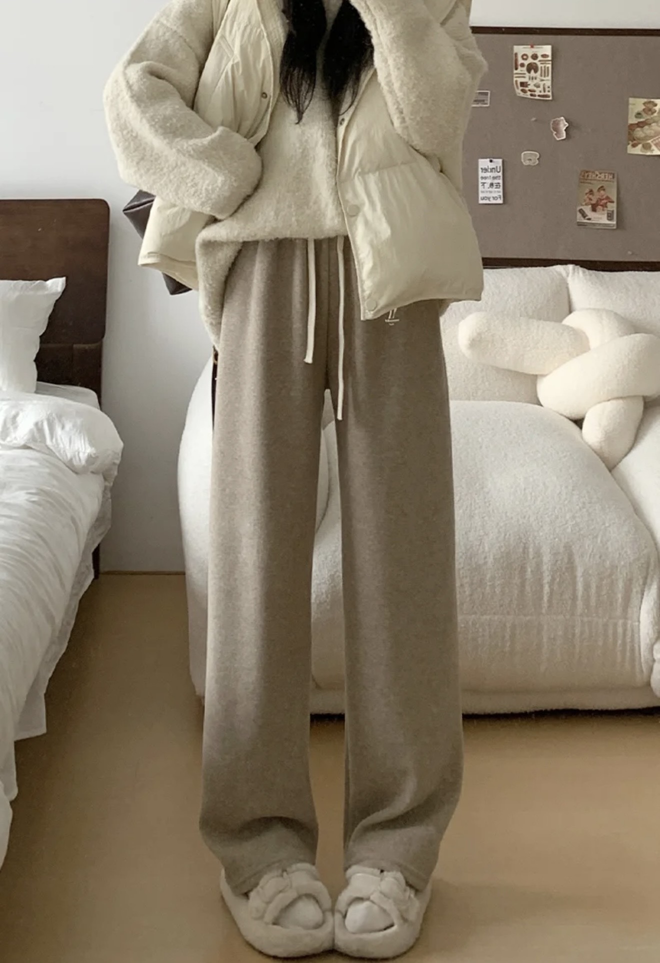 秋冬新款｜高腰垂墜感加厚加絨白色軟糯米褲