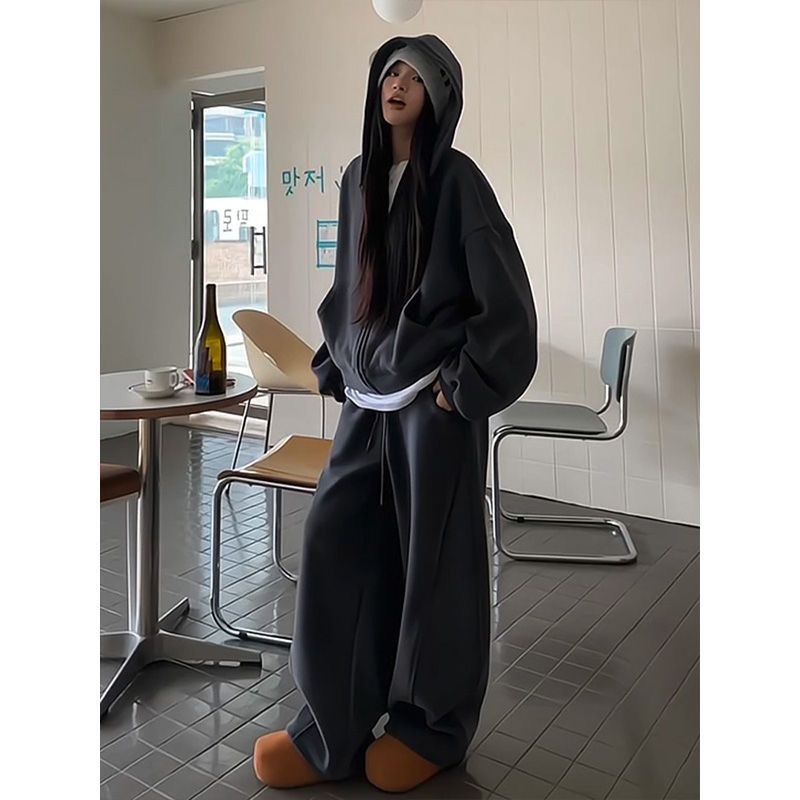 學院風加絨加厚連帽衛衣衛褲休閒兩件組