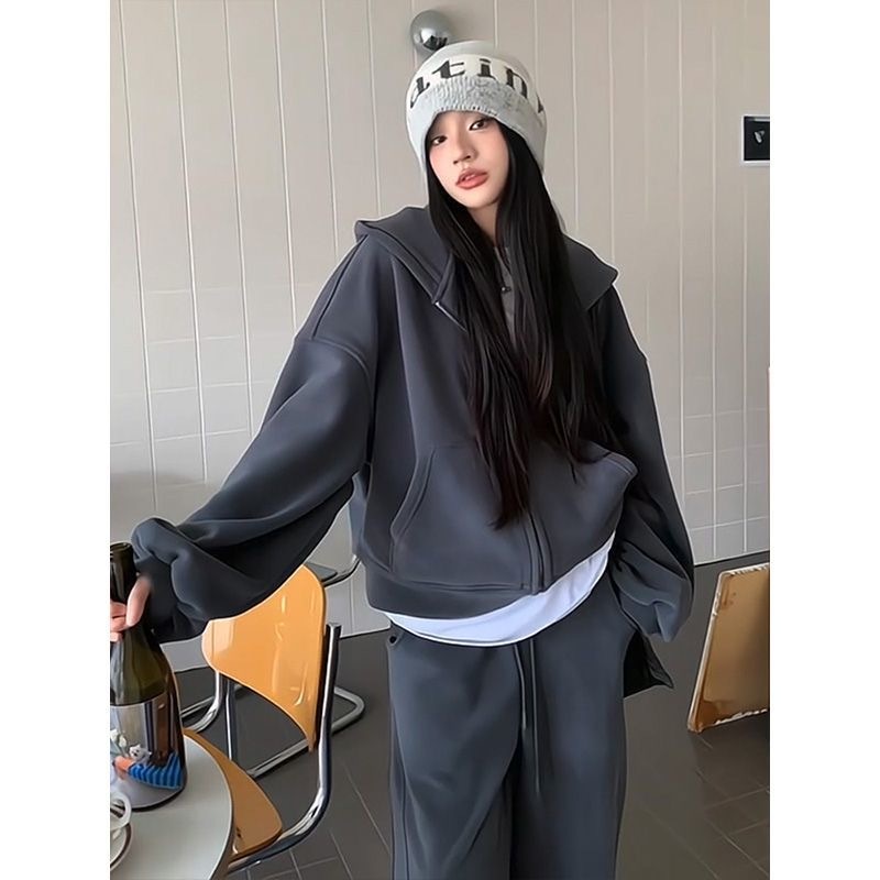 學院風加絨加厚連帽衛衣衛褲休閒兩件組