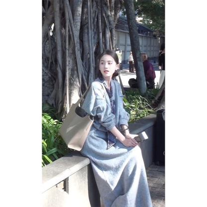 冬季新款｜韓系飄帶 V 領針織上衣 + 高腰顯瘦半身裙兩件組【送絲巾】