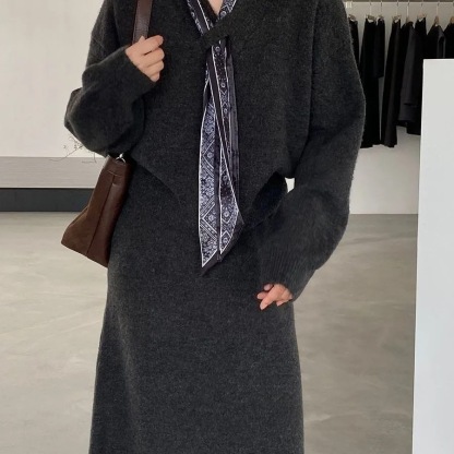 冬季新款｜韓系飄帶 V 領針織上衣 + 高腰顯瘦半身裙兩件組【送絲巾】