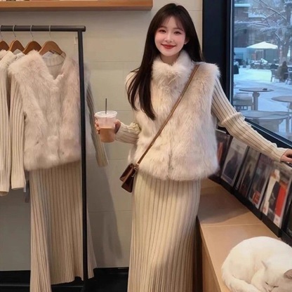 秋冬新款｜網紅款顯瘦韓風兩件組 百搭毛毛馬甲 + 內搭連衣裙