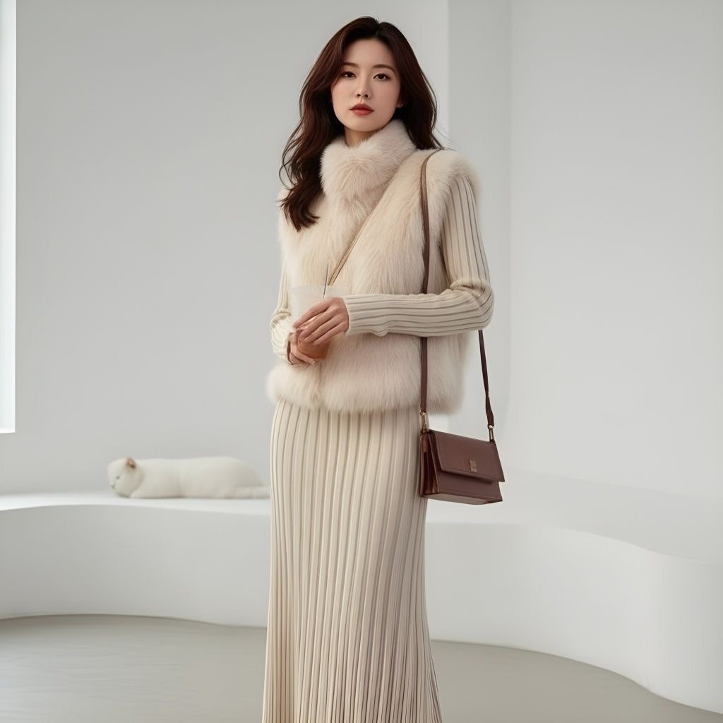 秋冬新款｜網紅款顯瘦韓風兩件組 百搭毛毛馬甲 + 內搭連衣裙