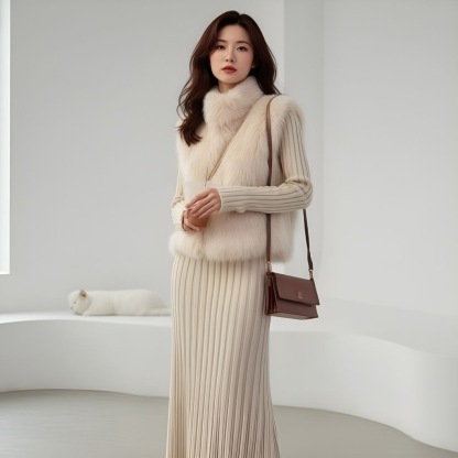 秋冬新款｜網紅款顯瘦韓風兩件組 百搭毛毛馬甲 + 內搭連衣裙