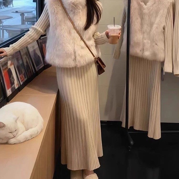 秋冬新款｜網紅款顯瘦韓風兩件組 百搭毛毛馬甲 + 內搭連衣裙
