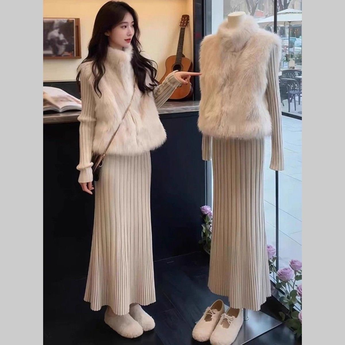 秋冬新款｜網紅款顯瘦韓風兩件組 百搭毛毛馬甲 + 內搭連衣裙