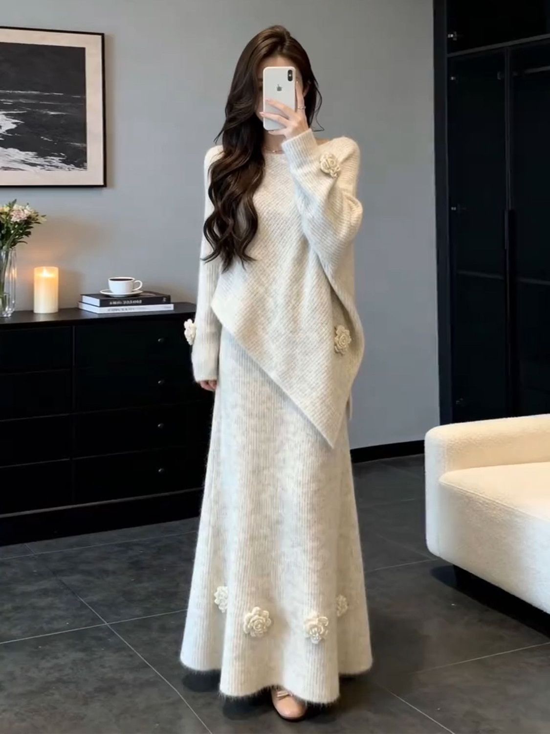 韓系溫柔風針織套裝 寬鬆顯瘦氣質毛衣 + 半身裙兩件組