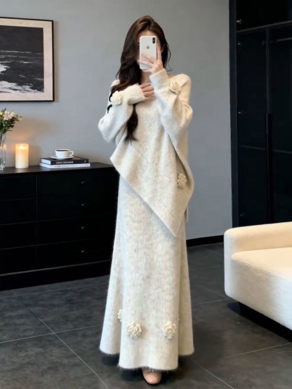 韓系溫柔風針織套裝 寬鬆顯瘦氣質毛衣 + 半身裙兩件組