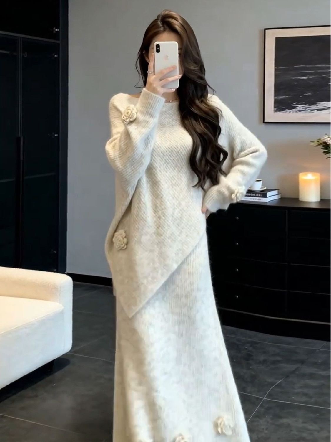 韓系溫柔風針織套裝 寬鬆顯瘦氣質毛衣 + 半身裙兩件組