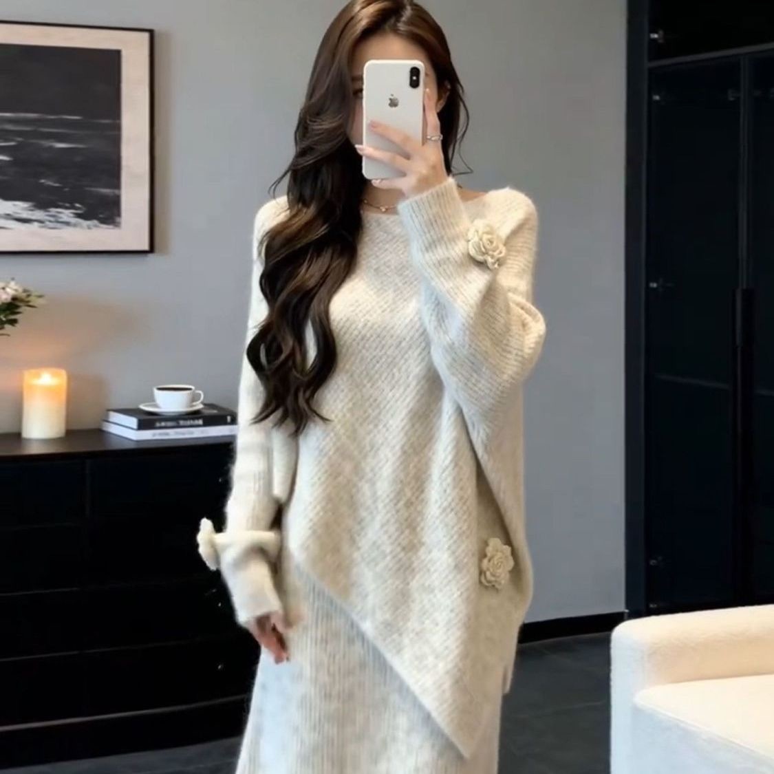 韓系溫柔風針織套裝 寬鬆顯瘦氣質毛衣 + 半身裙兩件組