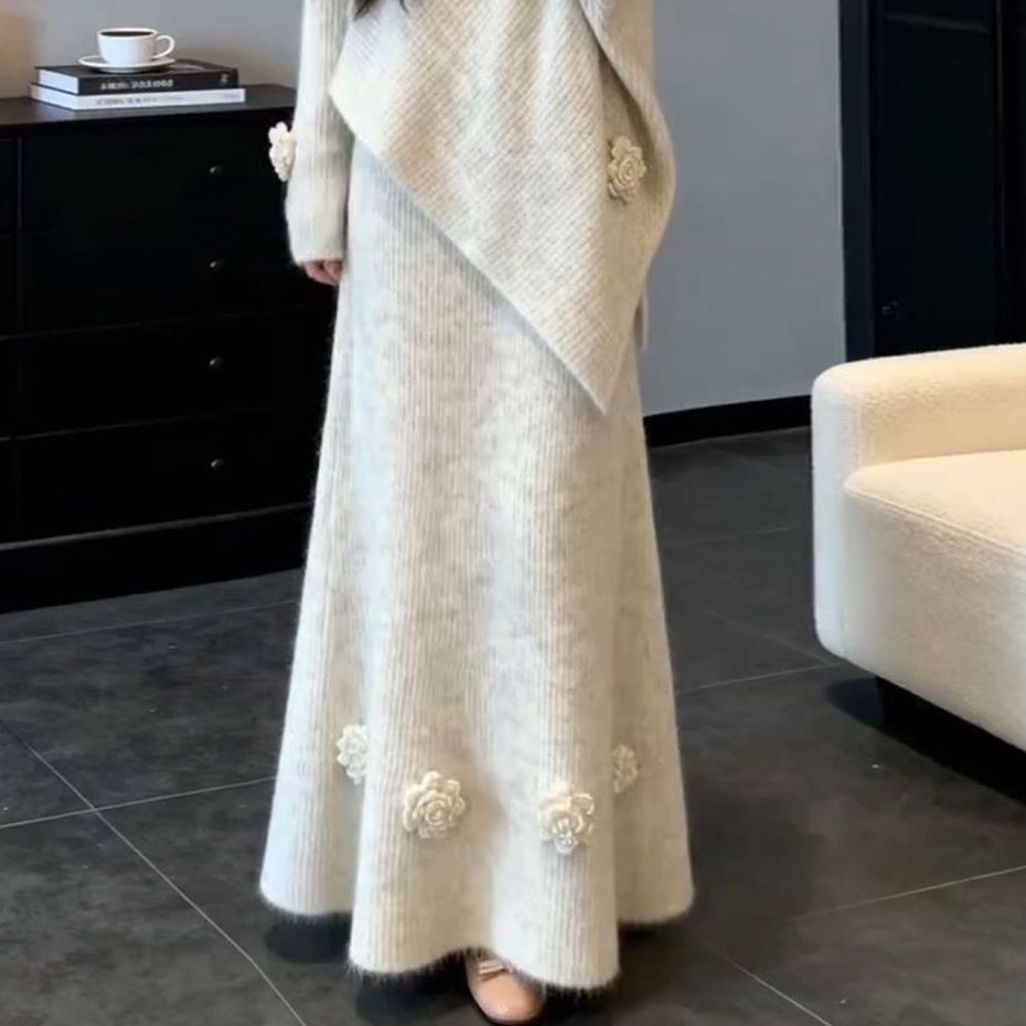 韓系溫柔風針織套裝 寬鬆顯瘦氣質毛衣 + 半身裙兩件組