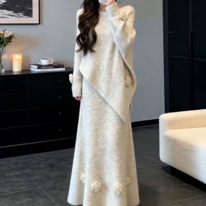 韓系溫柔風針織套裝 寬鬆顯瘦氣質毛衣 + 半身裙兩件組