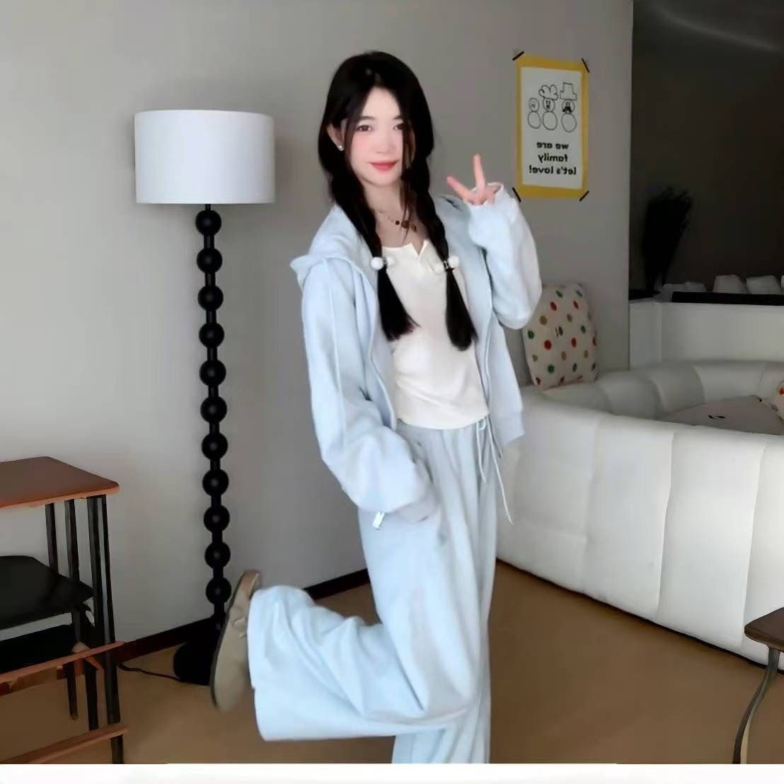 韓系休閒運動兩件組 學生風寬鬆顯瘦時尚減齡連帽衛衣套裝