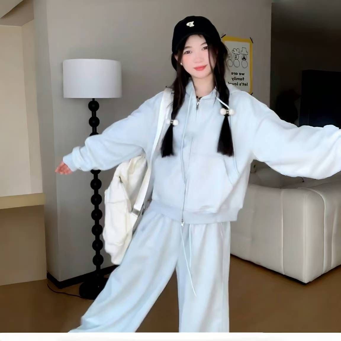 韓系休閒運動兩件組 學生風寬鬆顯瘦時尚減齡連帽衛衣套裝