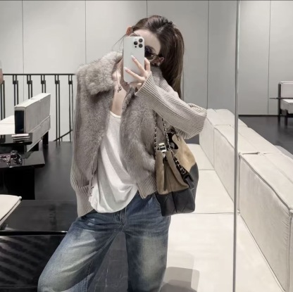 「毛絨暖暖」 秋冬新品 女款時髦洋氣針織拼接兩穿百搭毛毛外套