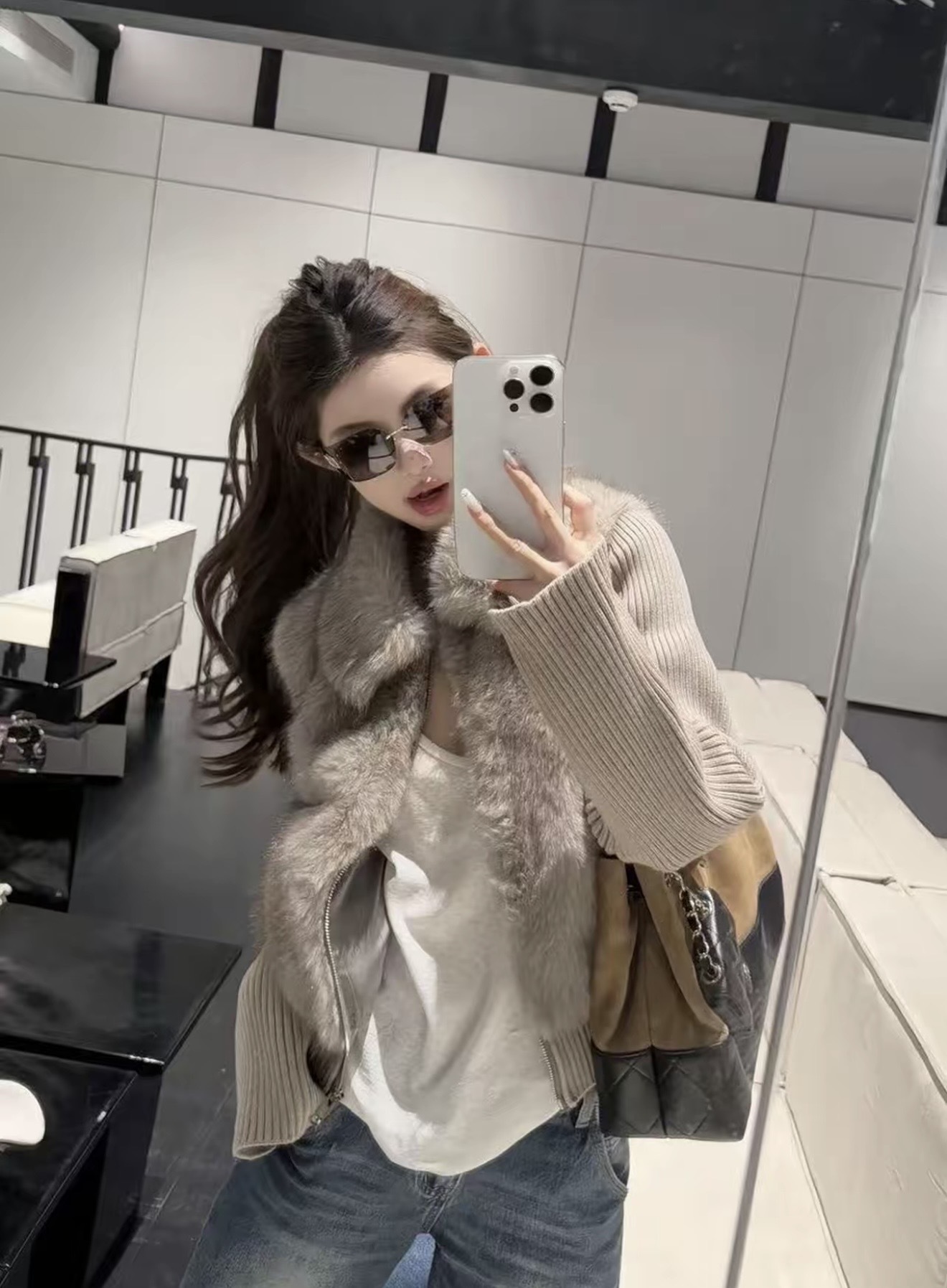 「毛絨暖暖」 秋冬新品 女款時髦洋氣針織拼接兩穿百搭毛毛外套