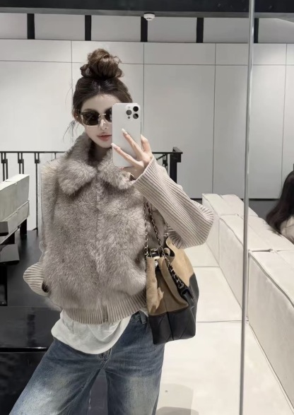 「毛絨暖暖」 秋冬新品 女款時髦洋氣針織拼接兩穿百搭毛毛外套