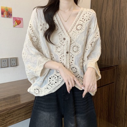 波希米亞風鉤花鏤空 V 領襯衫 女夏大尺碼遮肚防曬罩衫外套