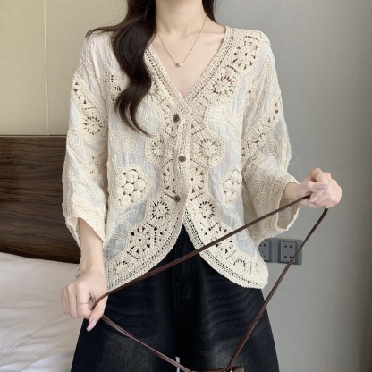 波希米亞風鉤花鏤空 V 領襯衫 女夏大尺碼遮肚防曬罩衫外套