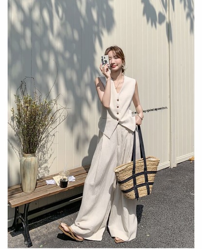 2026 夏季新款｜高級感老錢風亞麻套裝 女款薄款氣質馬甲 + 闊腿褲兩件組