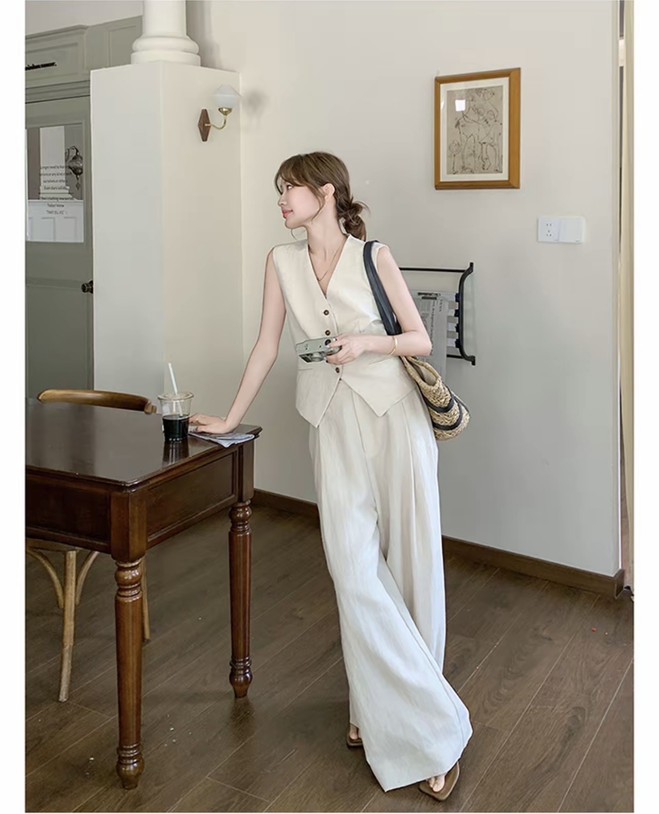 2026 夏季新款｜高級感老錢風亞麻套裝 女款薄款氣質馬甲 + 闊腿褲兩件組