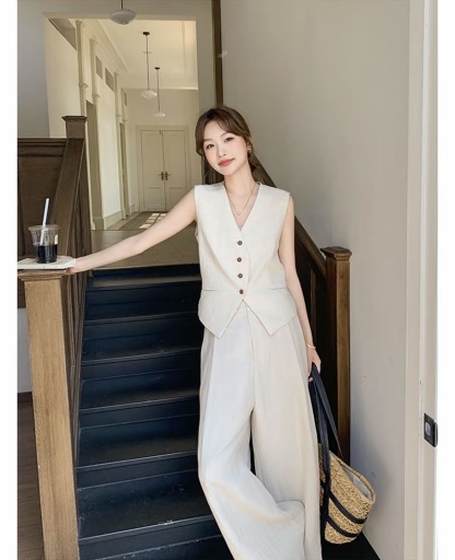 2026 夏季新款｜高級感老錢風亞麻套裝 女款薄款氣質馬甲 + 闊腿褲兩件組