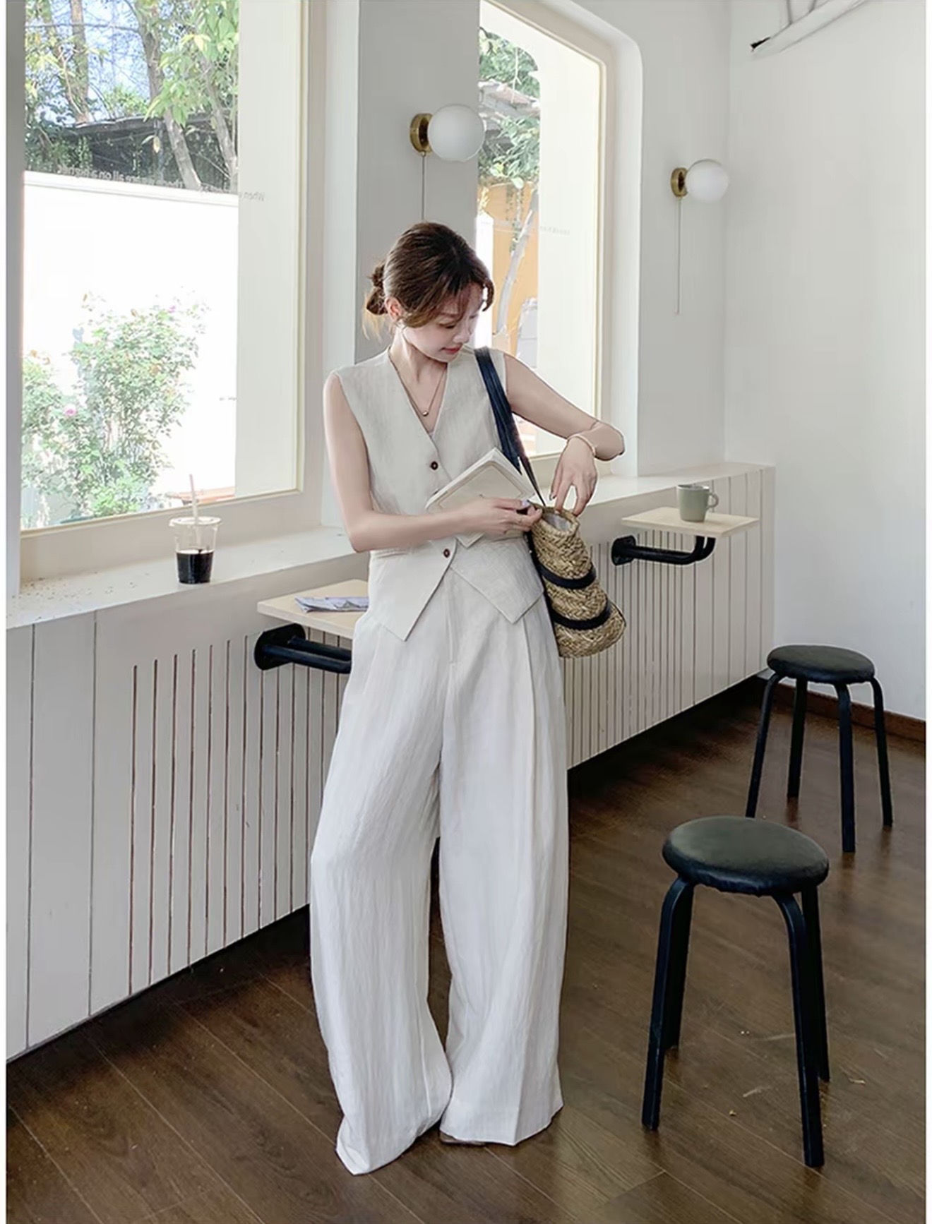 2026 夏季新款｜高級感老錢風亞麻套裝 女款薄款氣質馬甲 + 闊腿褲兩件組